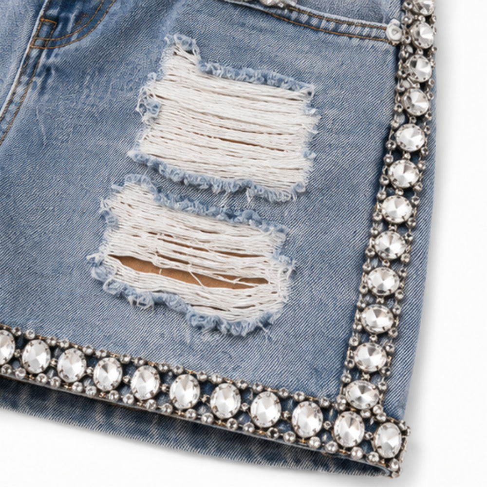 Elegant Light Blue Rhinestone Denim Shorts for Women with High Waisted Ripped Embellished Going Out Style