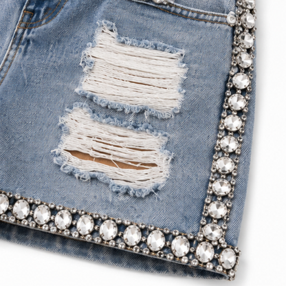 Elegant Light Blue Rhinestone Denim Shorts for Women with High Waisted Ripped Embellished Going Out Style
