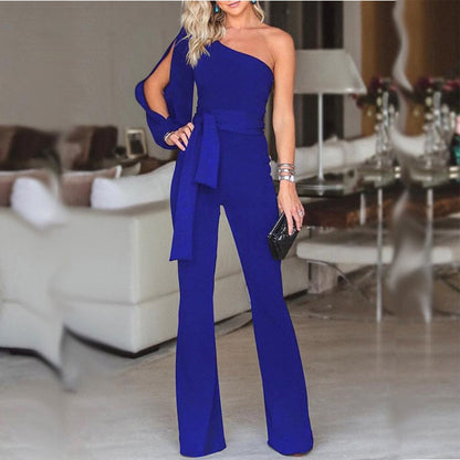 Elegant Jumpsuit for Women with One Shoulder Split Sleeve Belted Wide Leg Flowing Style