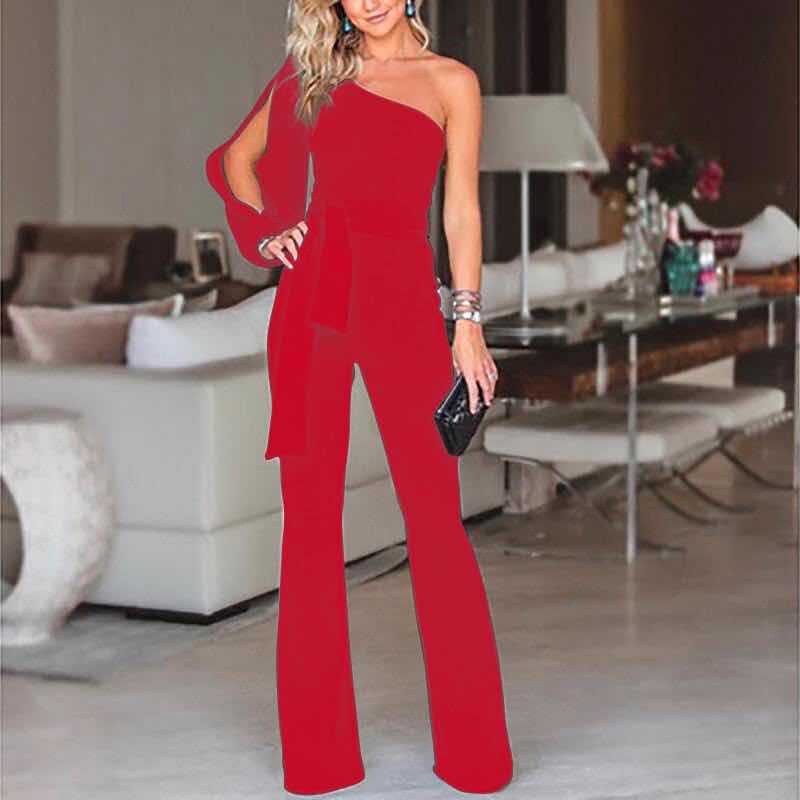 Elegant Jumpsuit for Women with One Shoulder Split Sleeve Belted Wide Leg Flowing Style