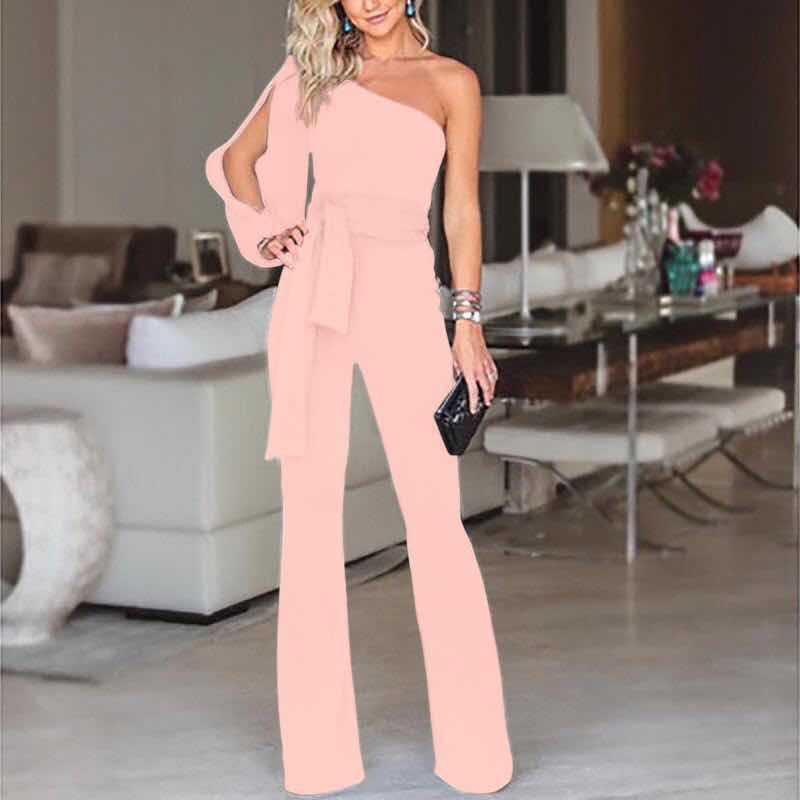 Elegant Jumpsuit for Women with One Shoulder Split Sleeve Belted Wide Leg Flowing Style