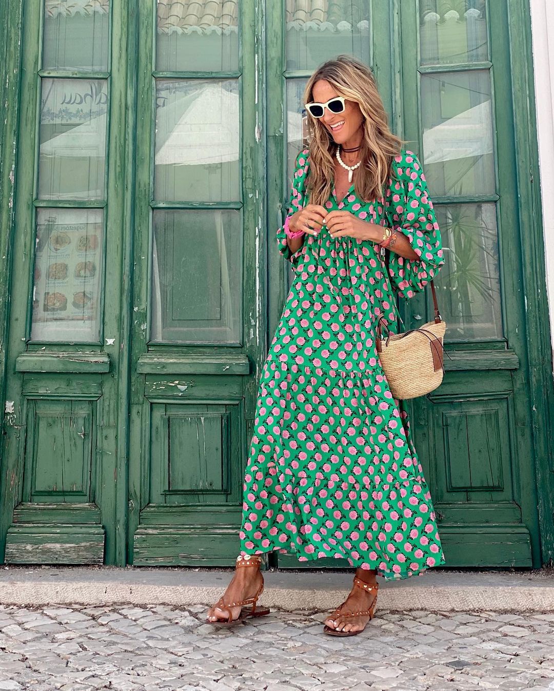 Effortless Printed Maxi Dress for Women with V Neck Elbow Sleeve Tiered Flowing Boho Style