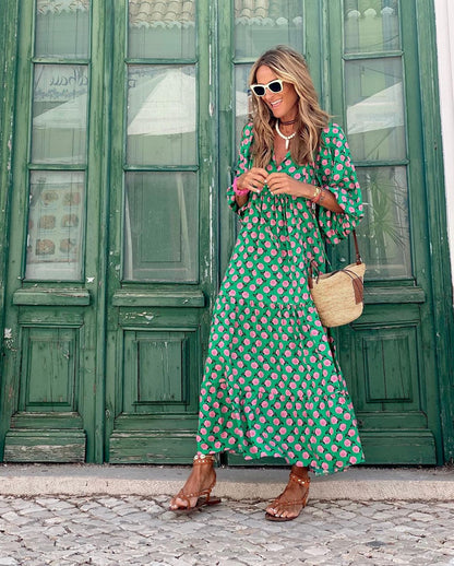 Effortless Printed Maxi Dress for Women with V Neck Elbow Sleeve Tiered Flowing Boho Style