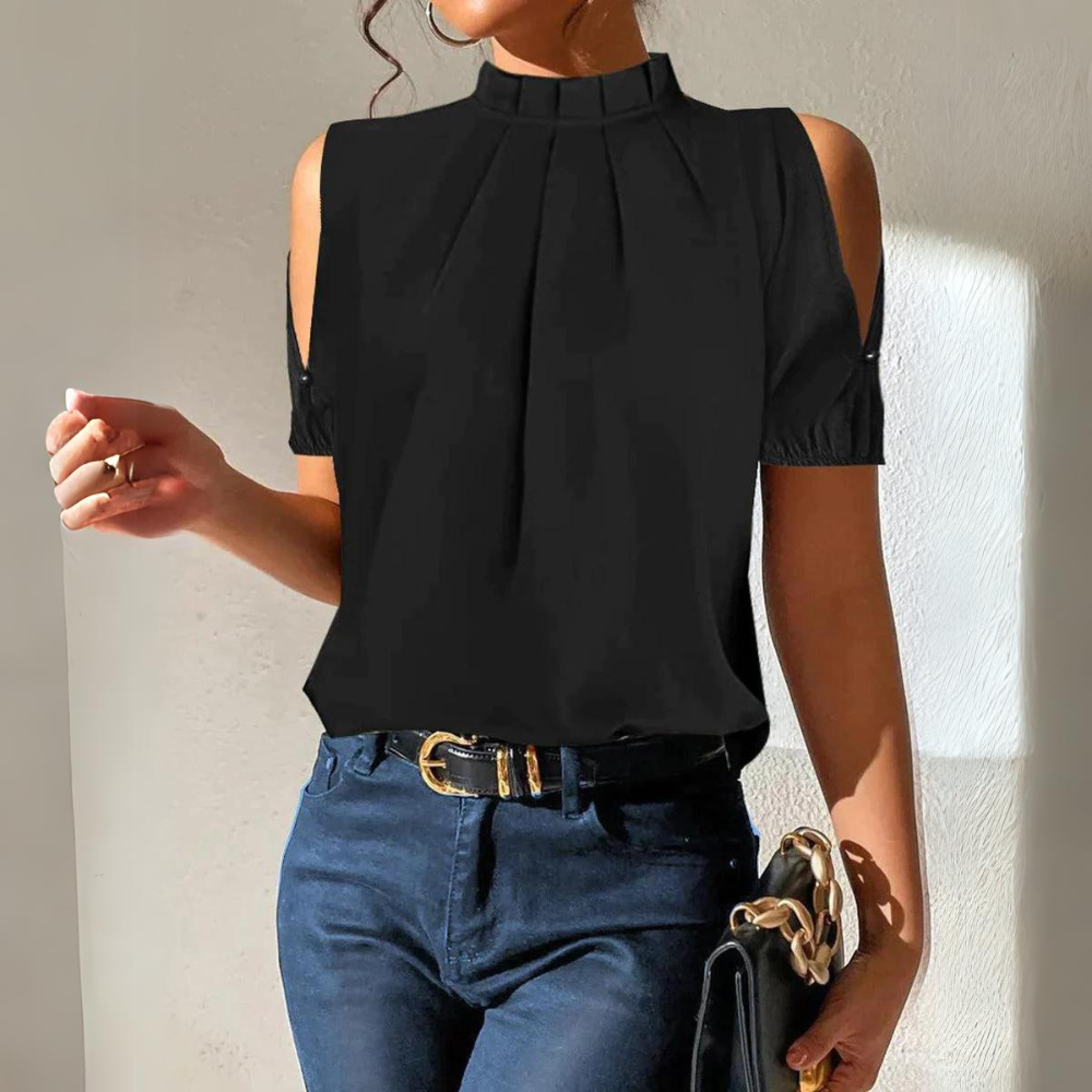 Elegant Black Going Out Top for Women with Mock Neck Cold Shoulder Pleated Relaxed Style