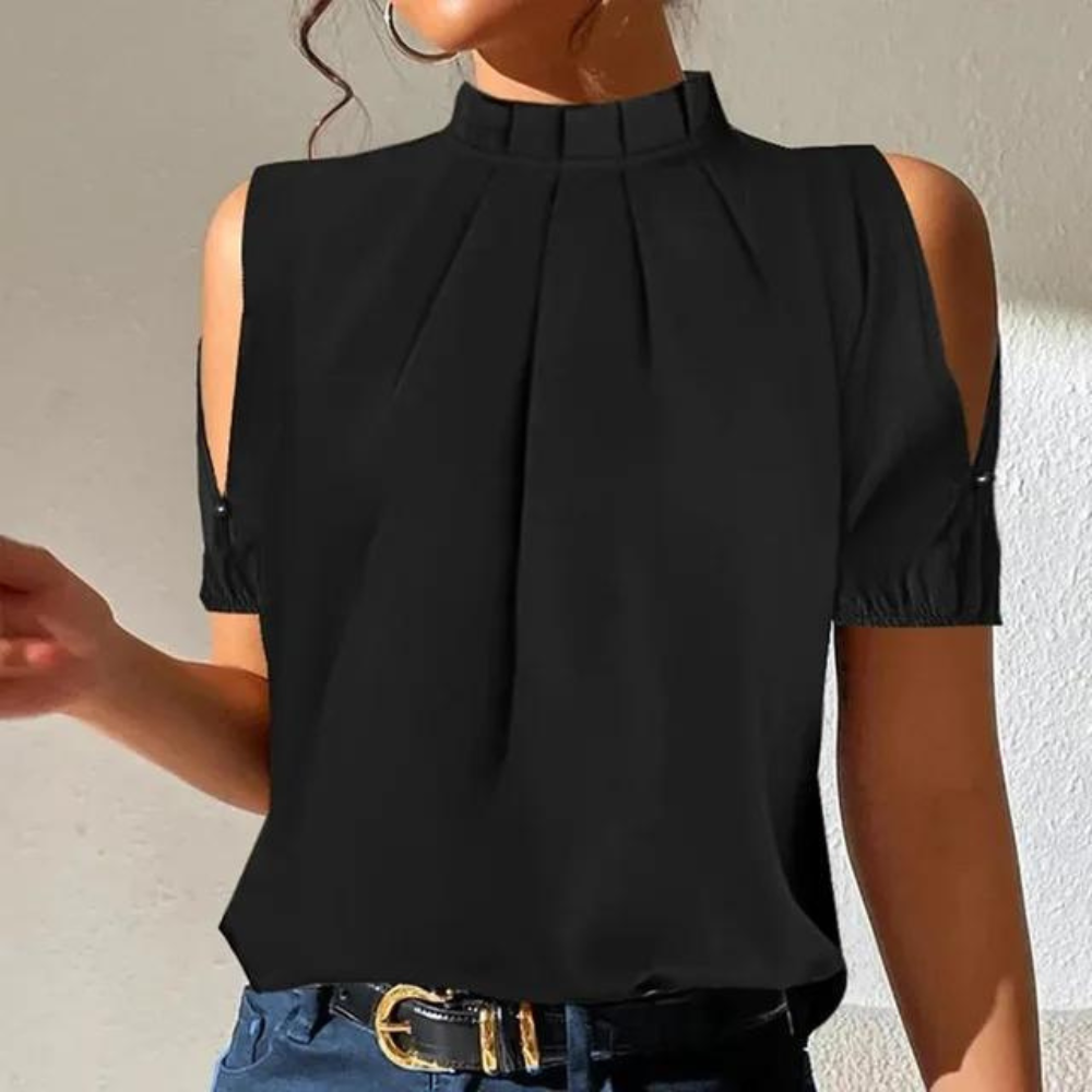 Elegant Black Going Out Top for Women with Mock Neck Cold Shoulder Pleated Relaxed Style