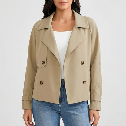 Chic Blazer for Women with Wide Lapel Long Sleeve Double Breasted Cuff Tab Cropped Style