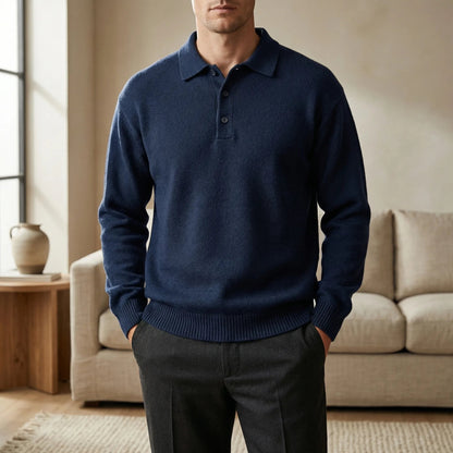 Cozy Fine Knit Polo Sweater for Men with Collar Long Sleeve Button Placket Pullover Style