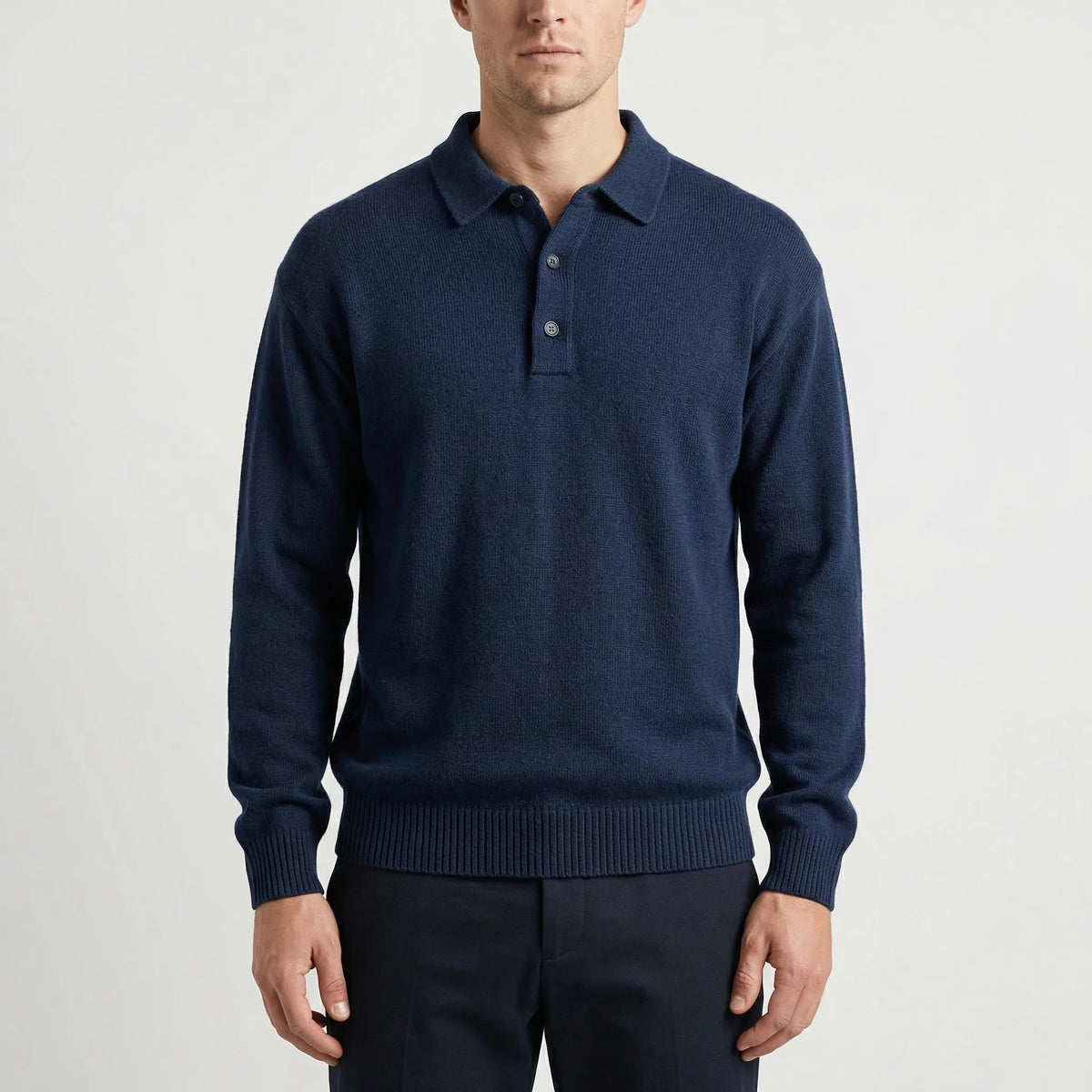 Cozy Fine Knit Polo Sweater for Men with Collar Long Sleeve Button Placket Pullover Style