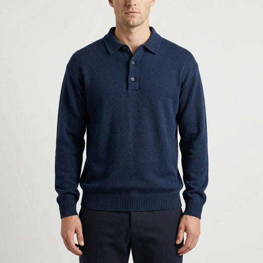 Cozy Fine Knit Polo Sweater for Men with Collar Long Sleeve Button Placket Pullover Style