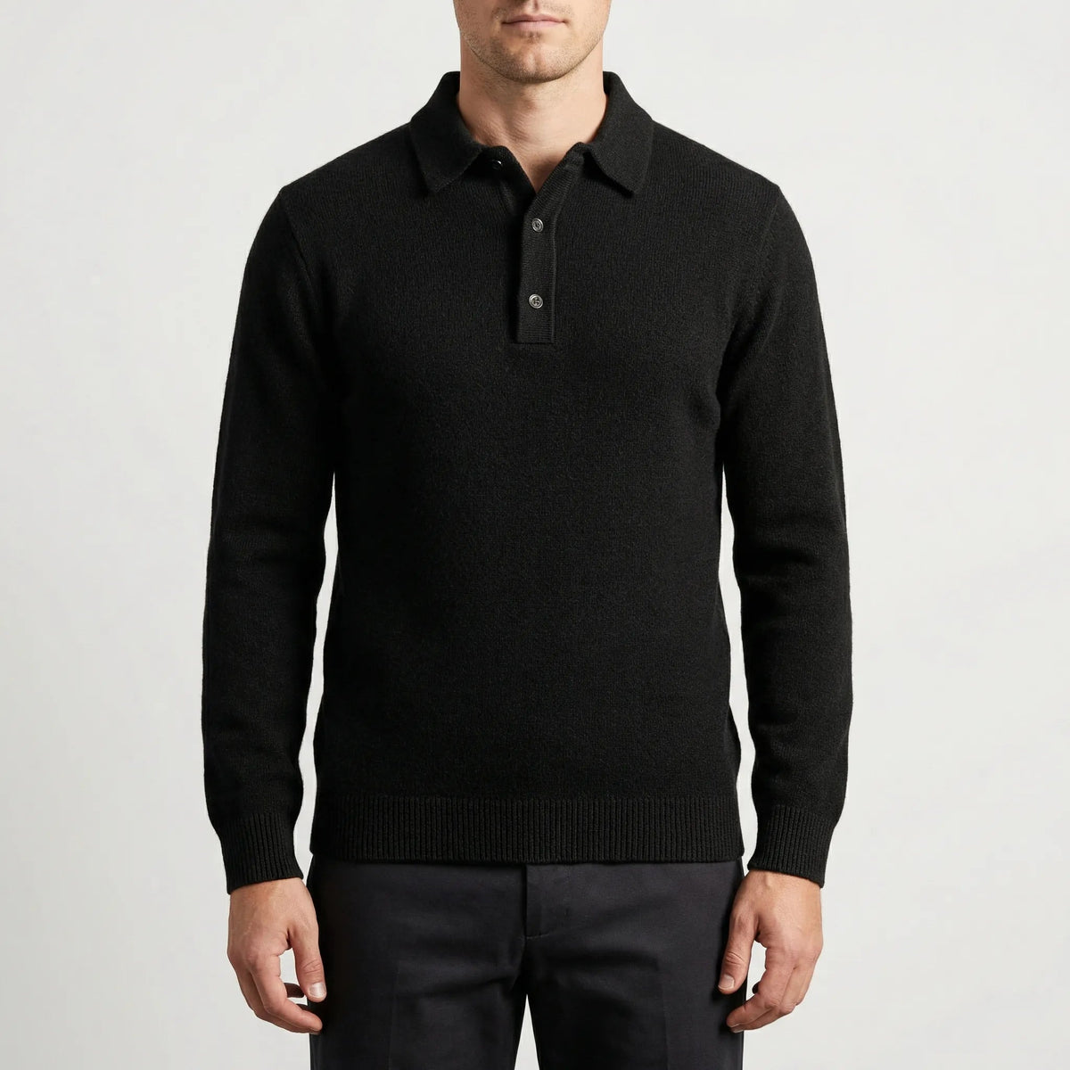 Cozy Fine Knit Polo Sweater for Men with Collar Long Sleeve Button Placket Pullover Style
