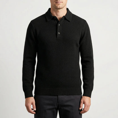 Cozy Fine Knit Polo Sweater for Men with Collar Long Sleeve Button Placket Pullover Style