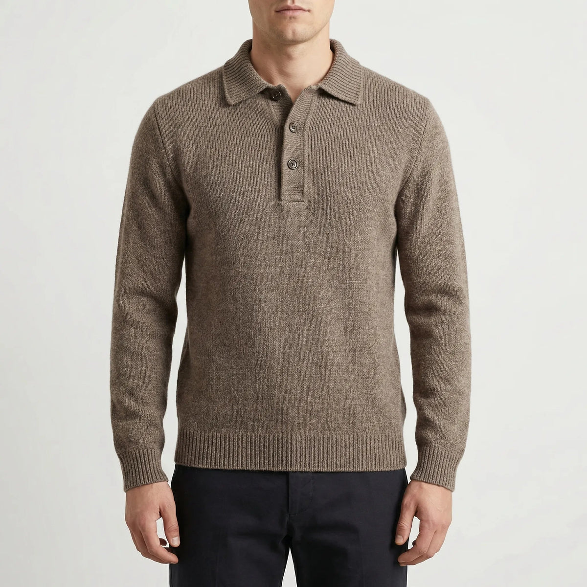 Cozy Fine Knit Polo Sweater for Men with Collar Long Sleeve Button Placket Pullover Style