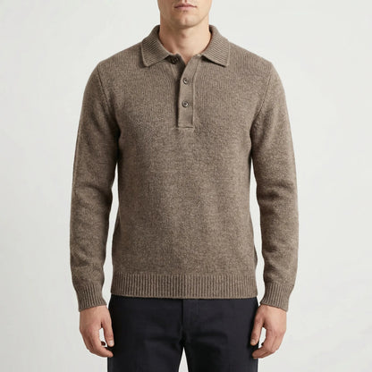 Cozy Fine Knit Polo Sweater for Men with Collar Long Sleeve Button Placket Pullover Style