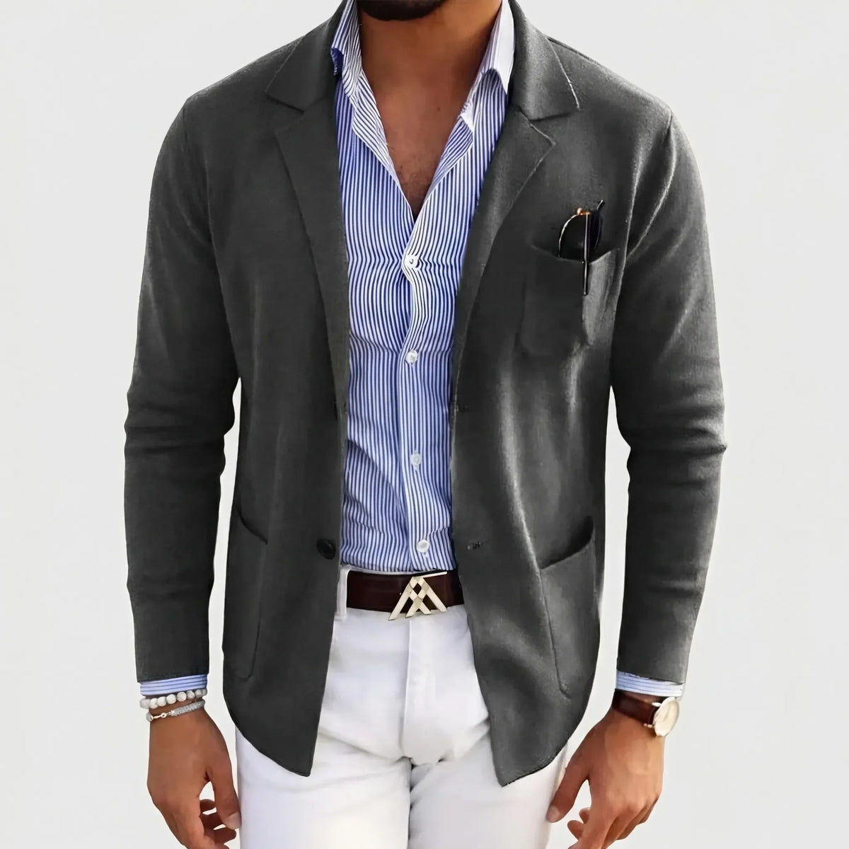 Chic Knit Blazer for Men with Notch Lapel Long Sleeve Two Button Patch Pocket Casual Style
