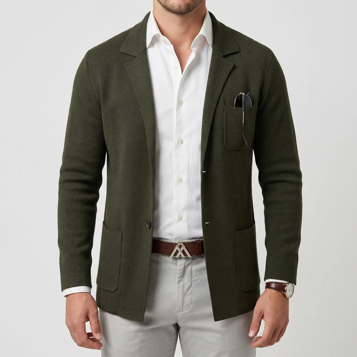 Chic Knit Blazer for Men with Notch Lapel Long Sleeve Two Button Patch Pocket Casual Style