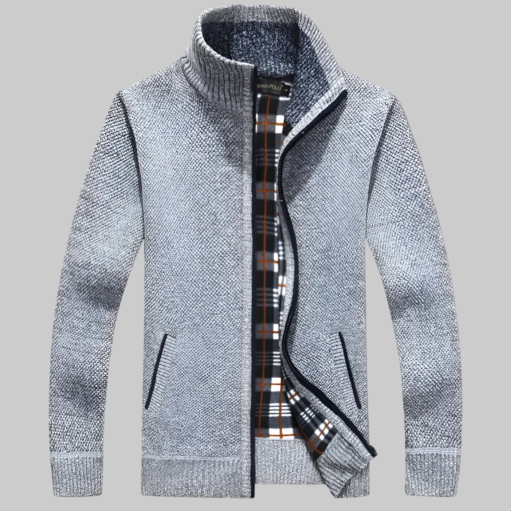 Cozy Marled Knit Zip Sweater for Men with Stand Collar Long Sleeve Full Zip Pocket Winter Style