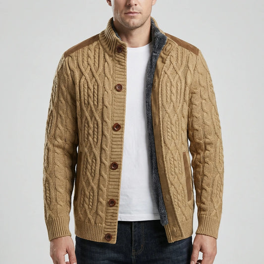 Cozy Cable Knit Cardigan for Men with Stand Collar Long Sleeve Button Up Suede Trim Winter Style