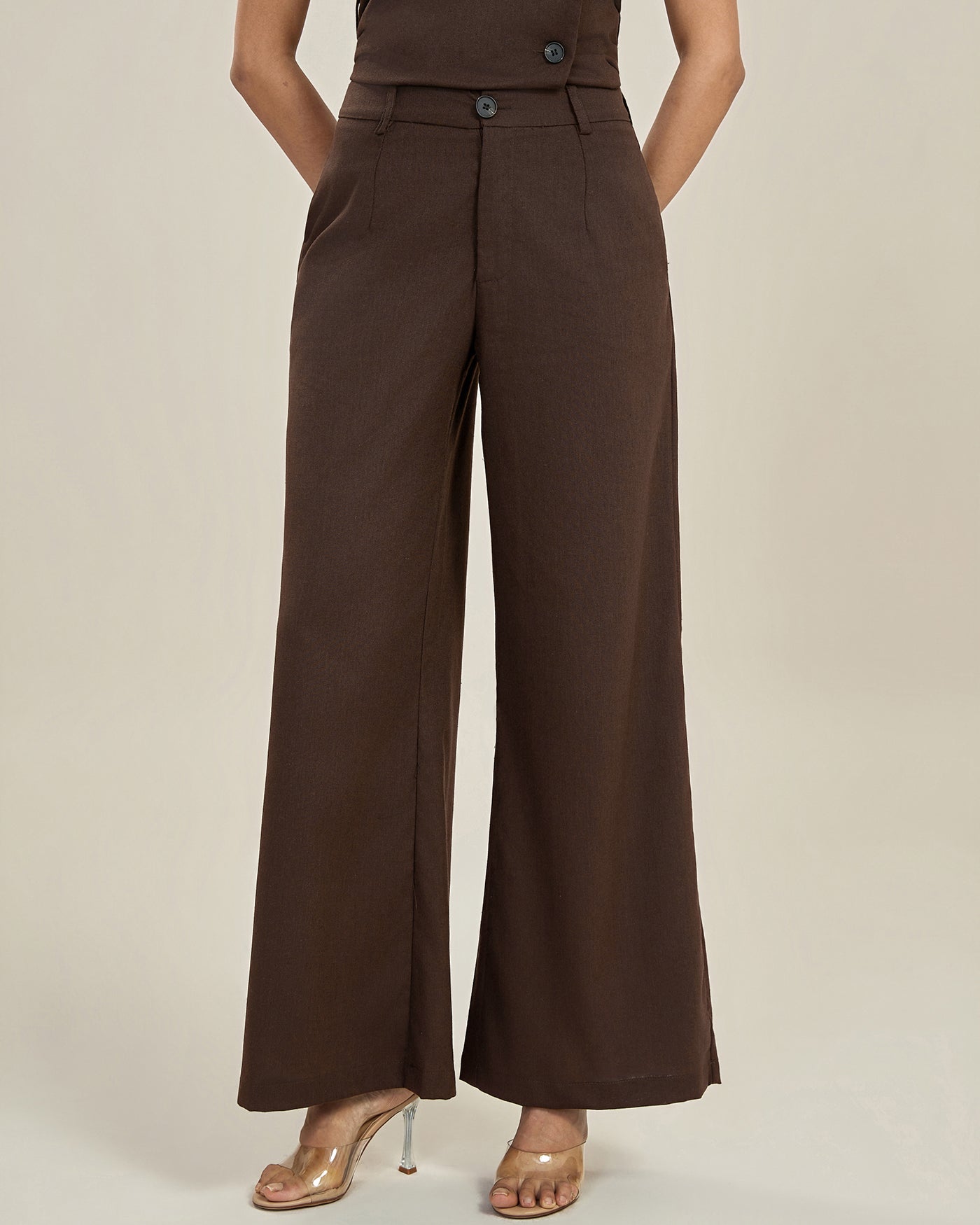 Elegant Brown Wide Leg Pants for Women with High Waisted Tailored Pleated Trouser Style