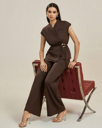 Elegant Brown Wide Leg Pants for Women with High Waisted Tailored Pleated Trouser Style