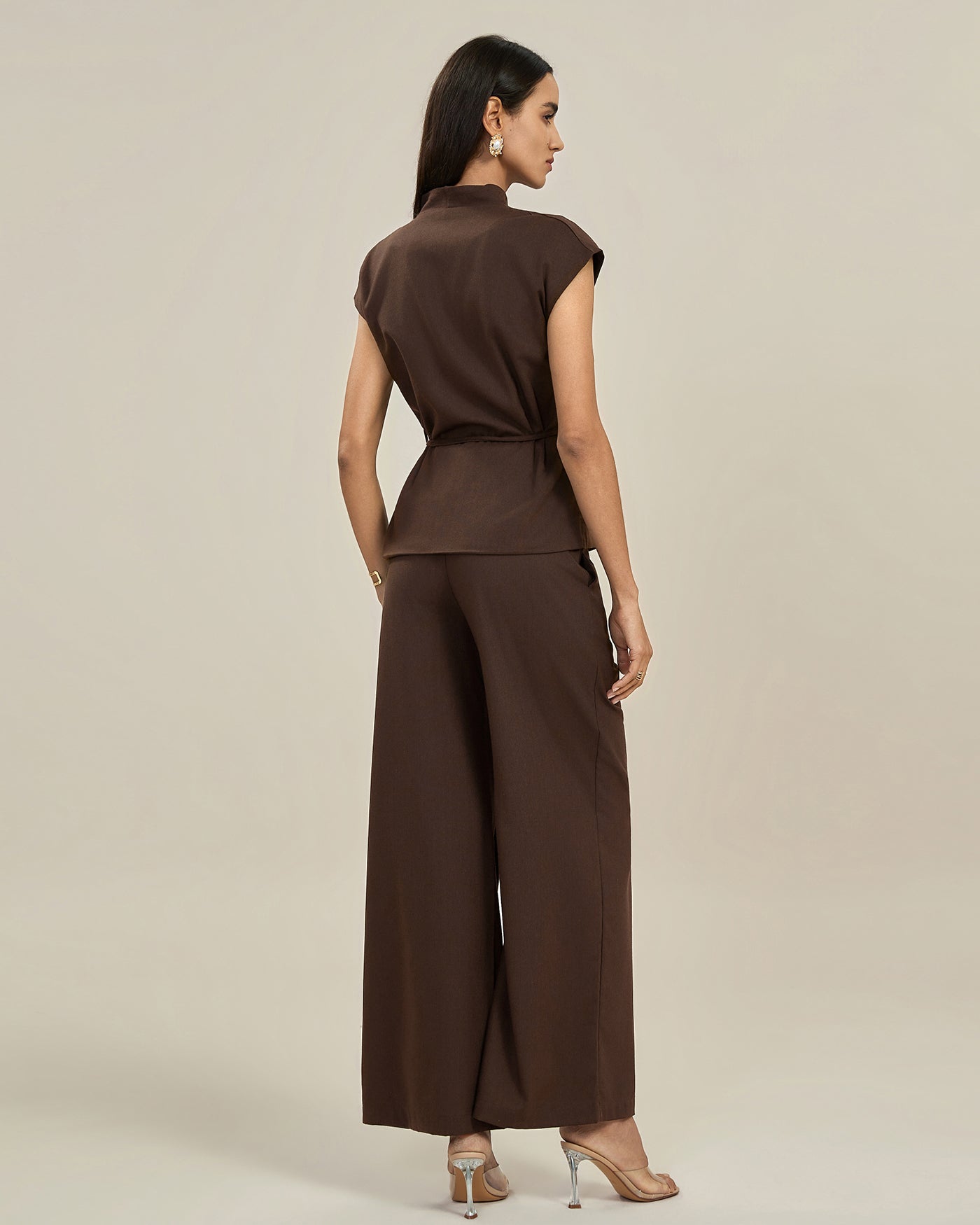 Elegant Brown Wide Leg Pants for Women with High Waisted Tailored Pleated Trouser Style