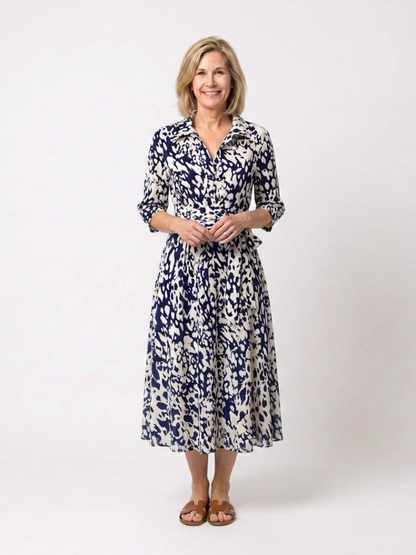 Elegant Printed Long Sleeve Dress for Women with V Neck Collared Tie Waist Flowing Style