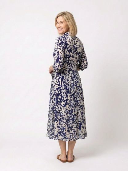 Elegant Printed Long Sleeve Dress for Women with V Neck Collared Tie Waist Flowing Style
