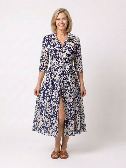 Elegant Printed Long Sleeve Dress for Women with V Neck Collared Tie Waist Flowing Style