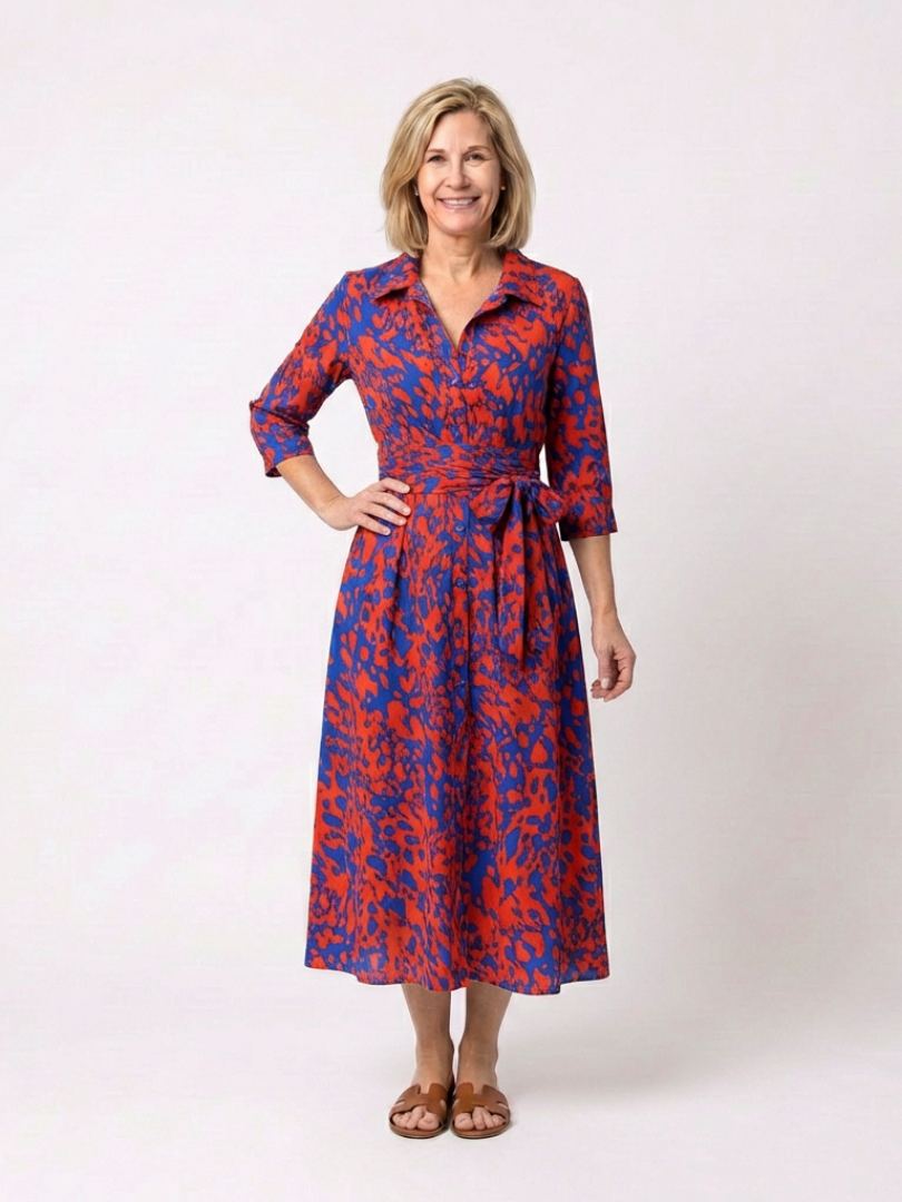 Elegant Printed Long Sleeve Dress for Women with V Neck Collared Tie Waist Flowing Style