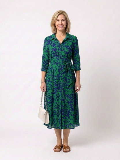 Elegant Printed Long Sleeve Dress for Women with V Neck Collared Tie Waist Flowing Style