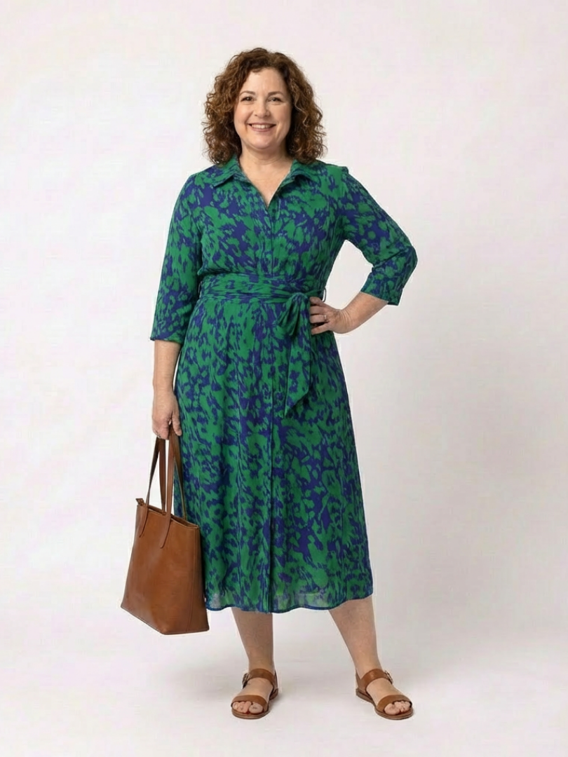 Elegant Printed Long Sleeve Dress for Women with V Neck Collared Tie Waist Flowing Style