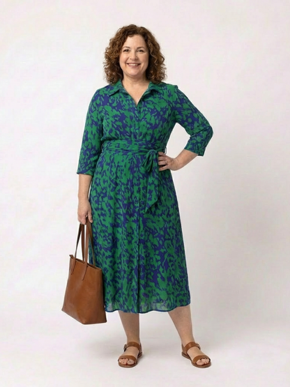 Elegant Printed Long Sleeve Dress for Women with V Neck Collared Tie Waist Flowing Style