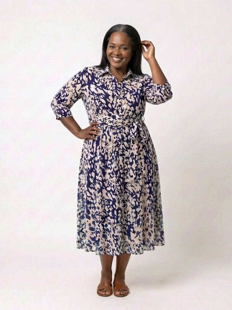 Elegant Printed Long Sleeve Dress for Women with V Neck Collared Tie Waist Flowing Style
