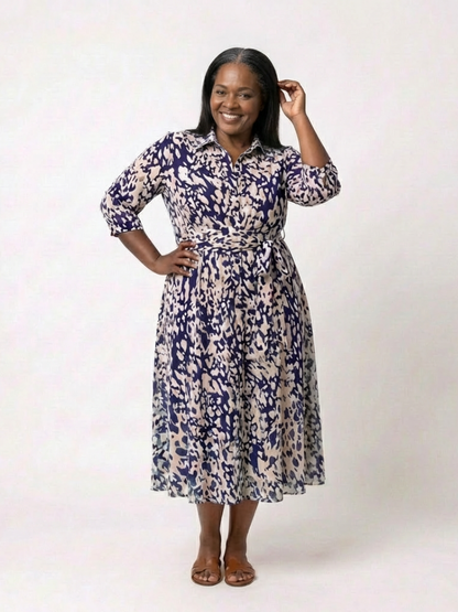 Elegant Printed Long Sleeve Dress for Women with V Neck Collared Tie Waist Flowing Style