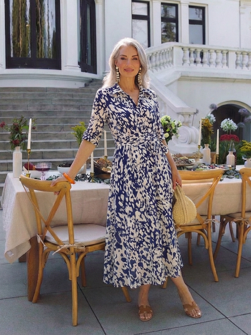 Elegant Printed Long Sleeve Dress for Women with V Neck Collared Tie Waist Flowing Style