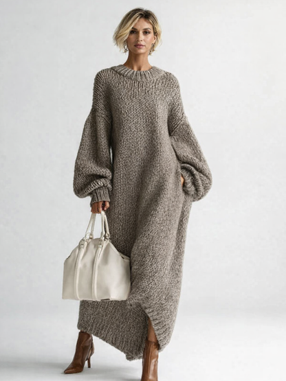 Cozy Chunky Knit Sweater Dress for Women with Crew Neck Balloon Sleeve Oversized Side Slit Style