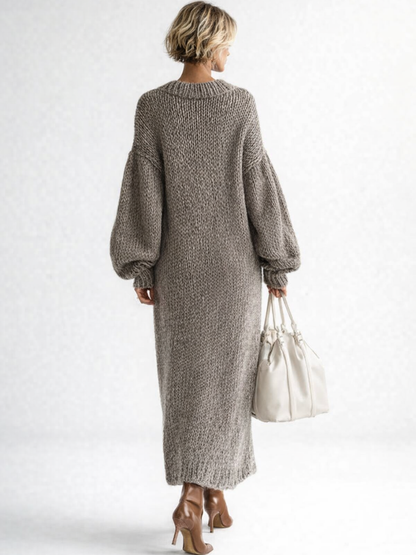 Cozy Chunky Knit Sweater Dress for Women with Crew Neck Balloon Sleeve Oversized Side Slit Style