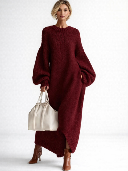 Cozy Chunky Knit Sweater Dress for Women with Crew Neck Balloon Sleeve Oversized Side Slit Style