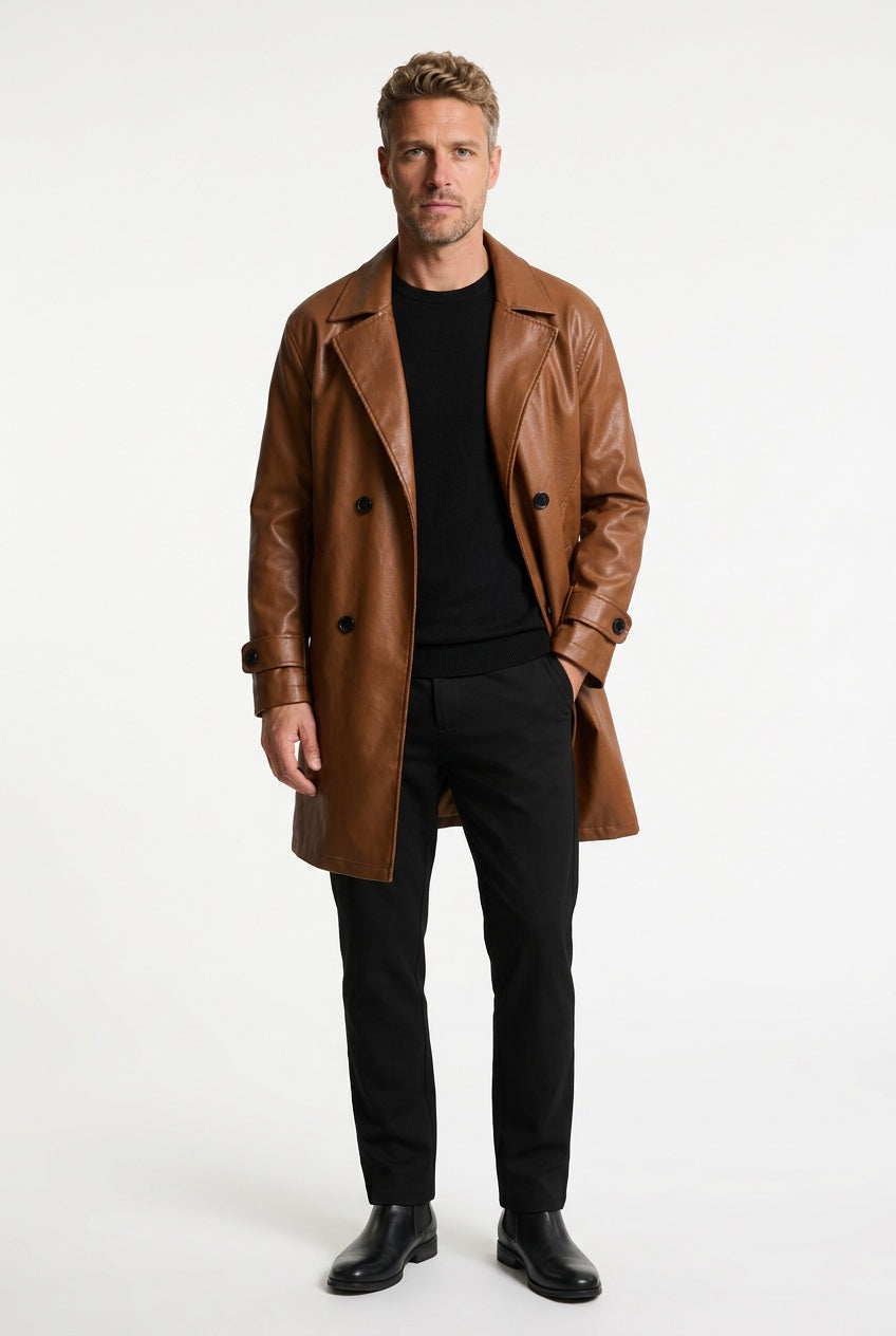 Chic Leather Trench Coat for Men with Notch Lapel Long Sleeve Double Breasted Longline Style