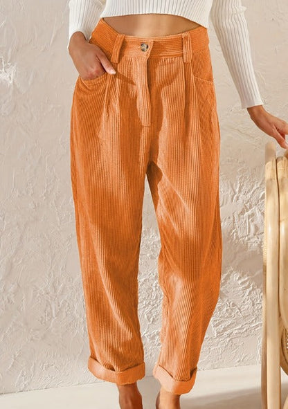Effortless Corduroy Pants for Women with High Waisted Pleated Tapered Cuffed Hem Casual Style