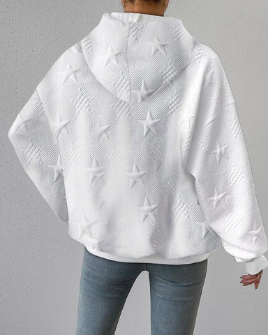Comfortable White Star Embossed Hoodie for Women with Drawstring Hood Long Sleeve Oversized Relaxed Style