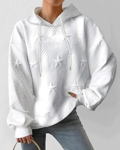 Comfortable White Star Embossed Hoodie for Women with Drawstring Hood Long Sleeve Oversized Relaxed Style