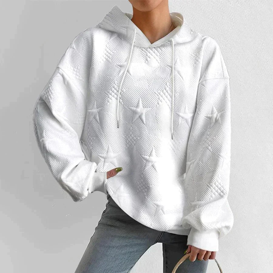 Comfortable White Star Embossed Hoodie for Women with Drawstring Hood Long Sleeve Oversized Relaxed Style