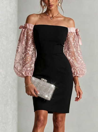 Elegant Black Lace Cocktail Dress for Women with Off Shoulder Balloon Sleeve Bodycon Formal Style
