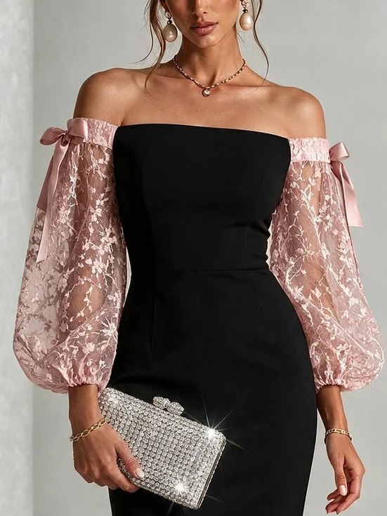 Elegant Black Lace Cocktail Dress for Women with Off Shoulder Balloon Sleeve Bodycon Formal Style