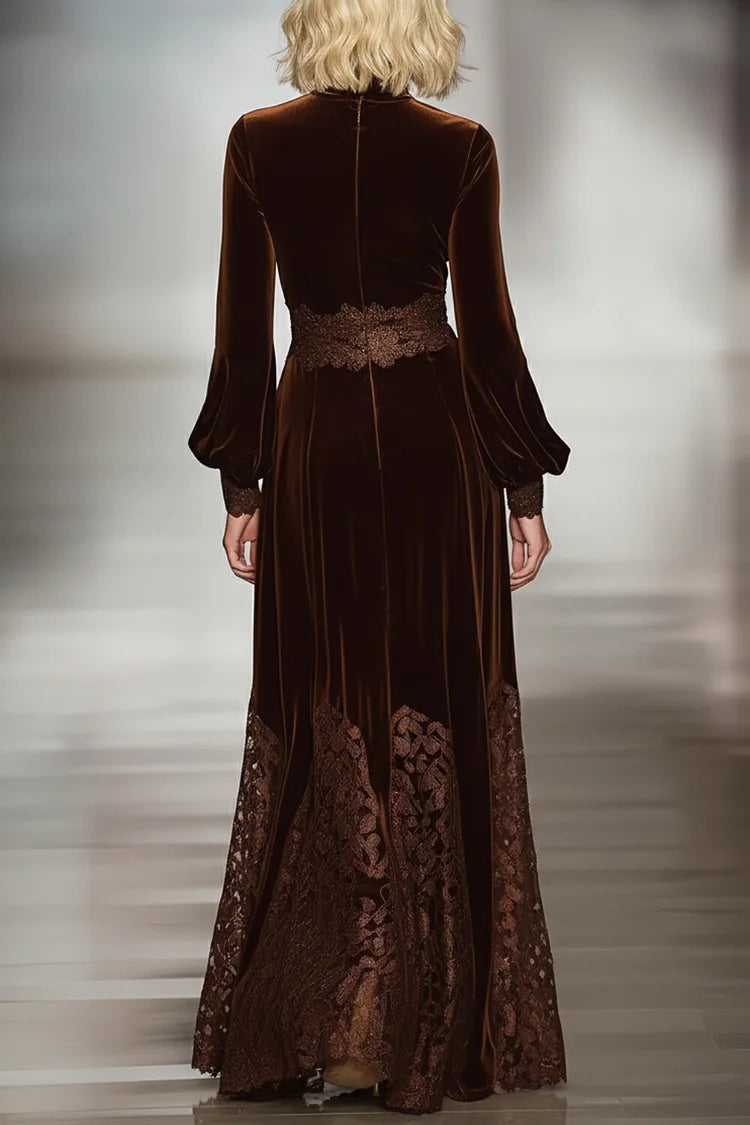 Elegant Brown Dress for Women with Turtleneck Bishop Sleeve Lace Trim Velvet Formal Style