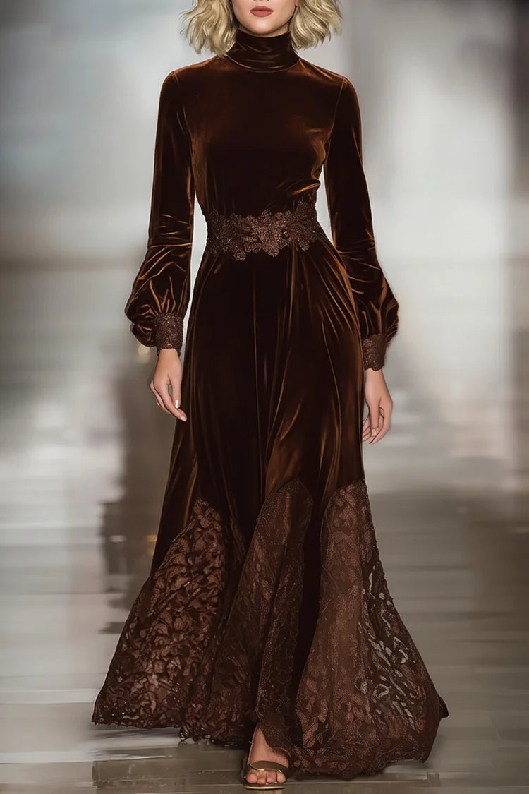 Elegant Brown Dress for Women with Turtleneck Bishop Sleeve Lace Trim Velvet Formal Style