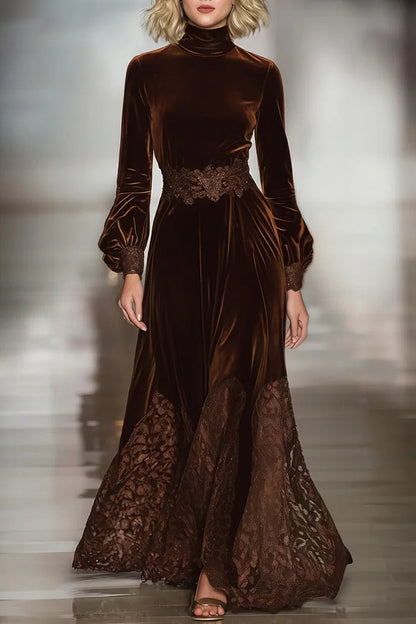 Elegant Brown Dress for Women with Turtleneck Bishop Sleeve Lace Trim Velvet Formal Style