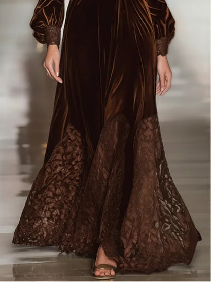 Elegant Brown Dress for Women with Turtleneck Bishop Sleeve Lace Trim Velvet Formal Style