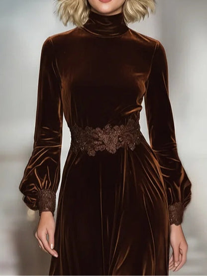 Elegant Brown Dress for Women with Turtleneck Bishop Sleeve Lace Trim Velvet Formal Style