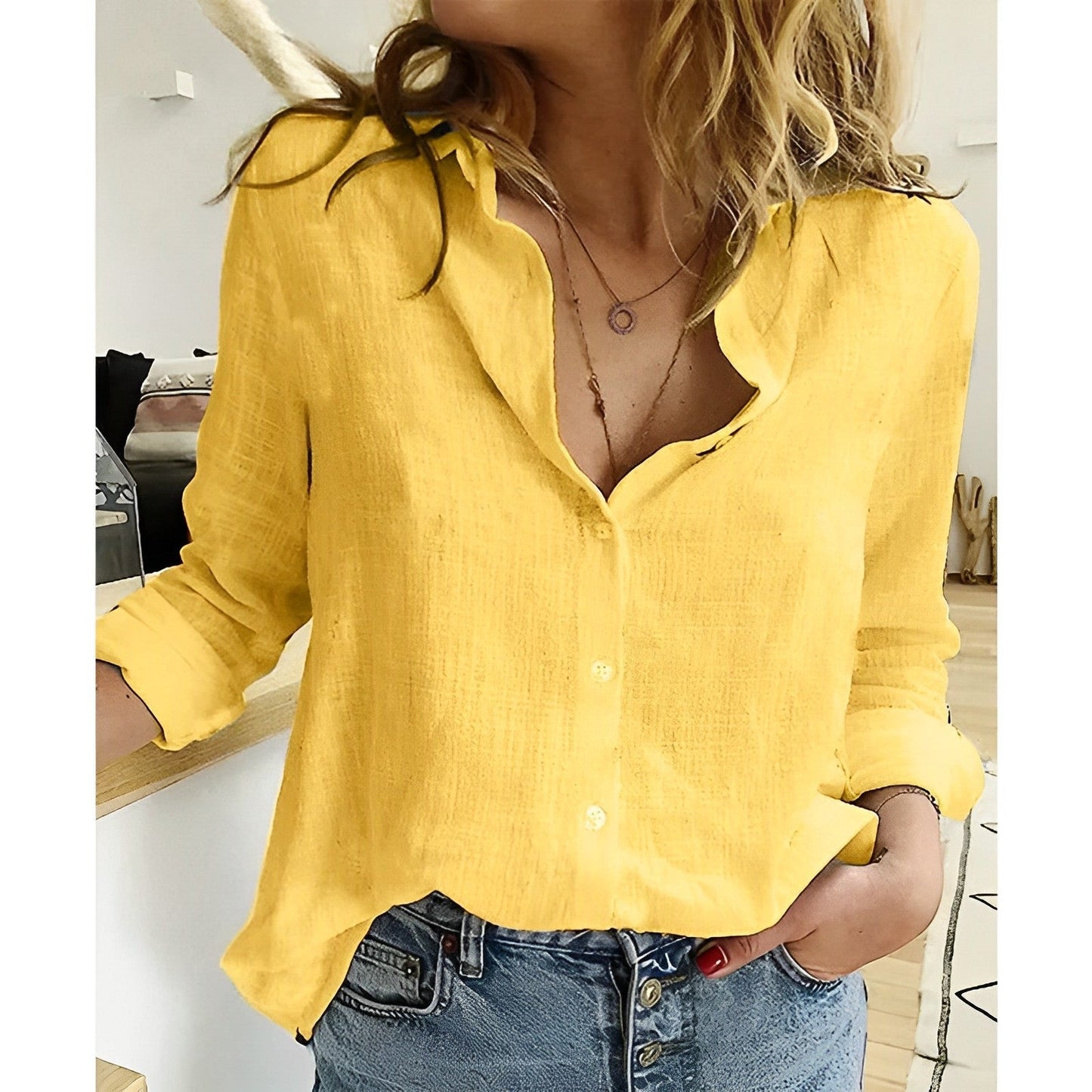 Effortless Linen Shirt for Women with V Neck Long Sleeve Button Front Relaxed Casual Style